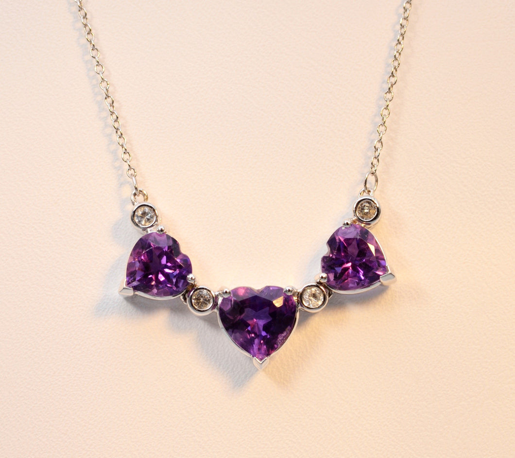 Amethyst three-heart necklace in 14K white gold