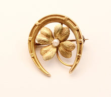 14K Antique Horseshoe and Four-Leaf Clover Brooch with Seed Pearl