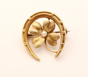 14K Antique Horseshoe and Four-Leaf Clover Brooch with Seed Pearl