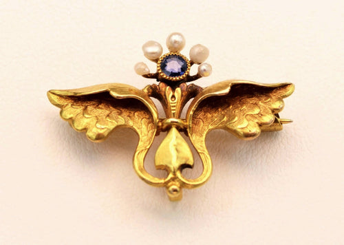 14K yellow gold Mercury-themed brooch with one Sapphire and 5 seed pearls