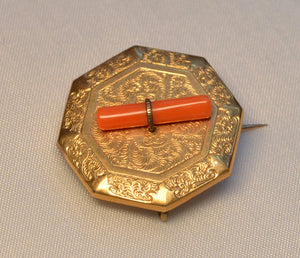 Victorian Gold-Filled brooch with one coral piece