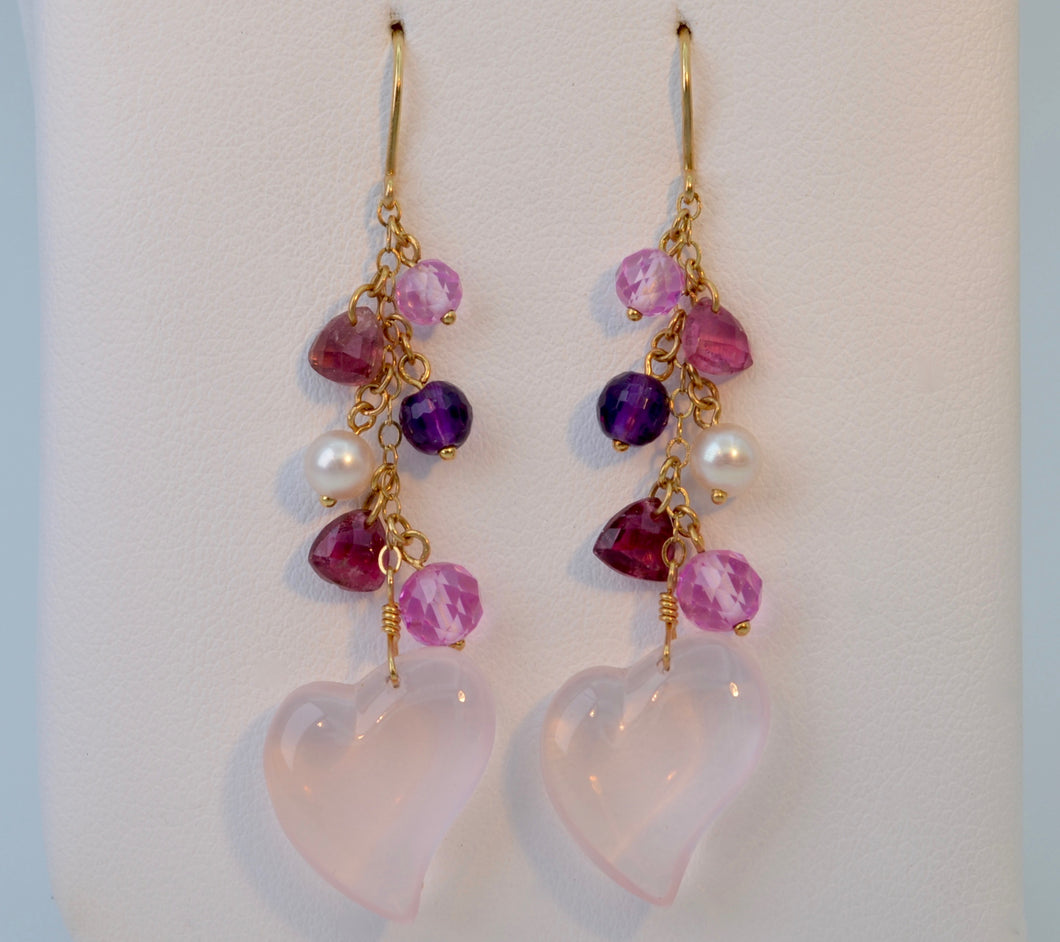 Rose-Quartz/Pearl Heart Dangle Earrings