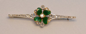 Platinum Diamond Brooch with Green Enamel Four-Leaf Clover