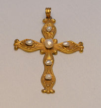 14K Art Nouveau Yellow Gold and Pearl Cross