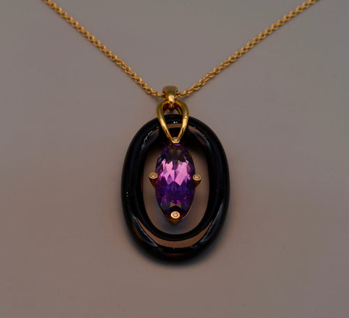 14K Yellow gold Onyx and Amethyst pendant trimmed with 4 bezeled Diamonds