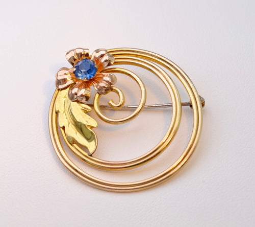 12K Gold-filled Two-Tone Yellow and Pink Gold Floral Sapphire Brooch