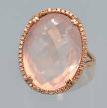 14K rose gold ring with transparent rose quartz framed with diamonds