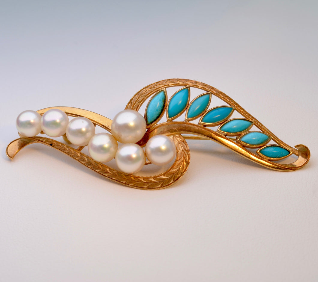 18K Cultured Pearl and Turquoise Brooch