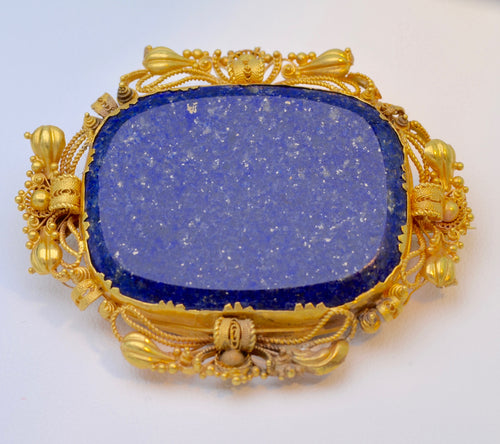 Large Victorian Lapis Lazuli Brooch with Woven Hair