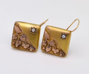 14K Antique Early American Gold Earrings with Rose-Cut Diamond Accent