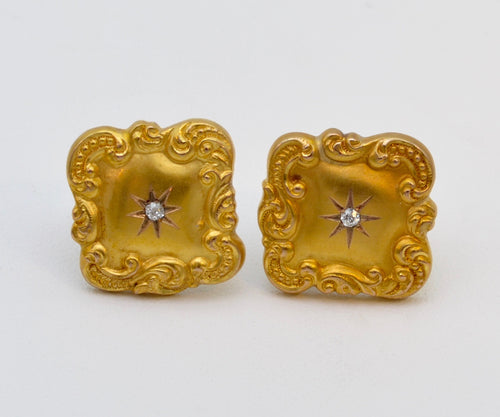 18K Art Nouveau Gold Earrings with Rose-Cut Diamond
