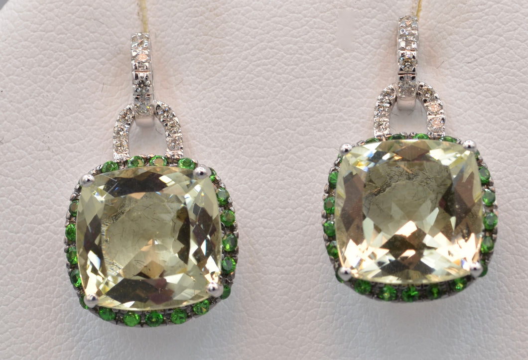 Green Quartz and Diamond Earrings Trimmed with Green Garnets
