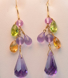 14K yellow gold 2" long dangle earrings with Amethysts, Peridots and Citrines