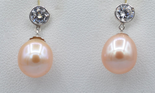 14K white gold earrings with drop shaped pink fresh water pearls and 5mm Cubic Zirconia posts