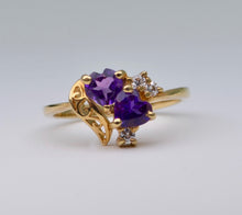 14K yellow gold ring with 2 heart-shaped Amethysts and 3 Diamonds