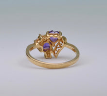 14K yellow gold ring with 2 heart-shaped Amethysts and 3 Diamonds