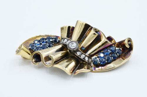 15K and Sterling Silver Diamond and Sapphire Brooch