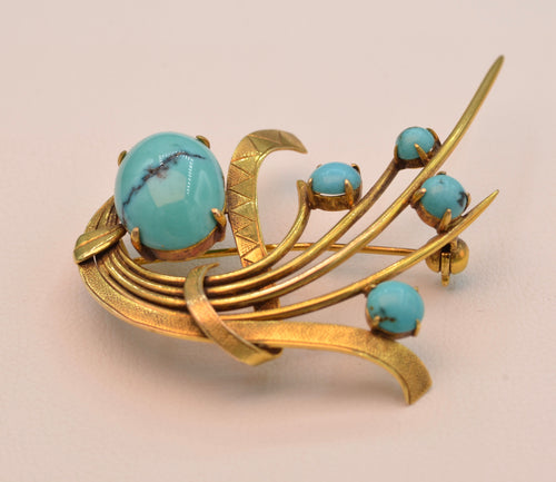 14K yellow gold brooch with Turquoises