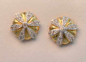 14K yellow gold post earrings with pave diamond trims.