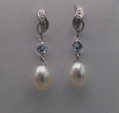 14K white gold pearl drop earrings with Diamonds and Blue Topaz