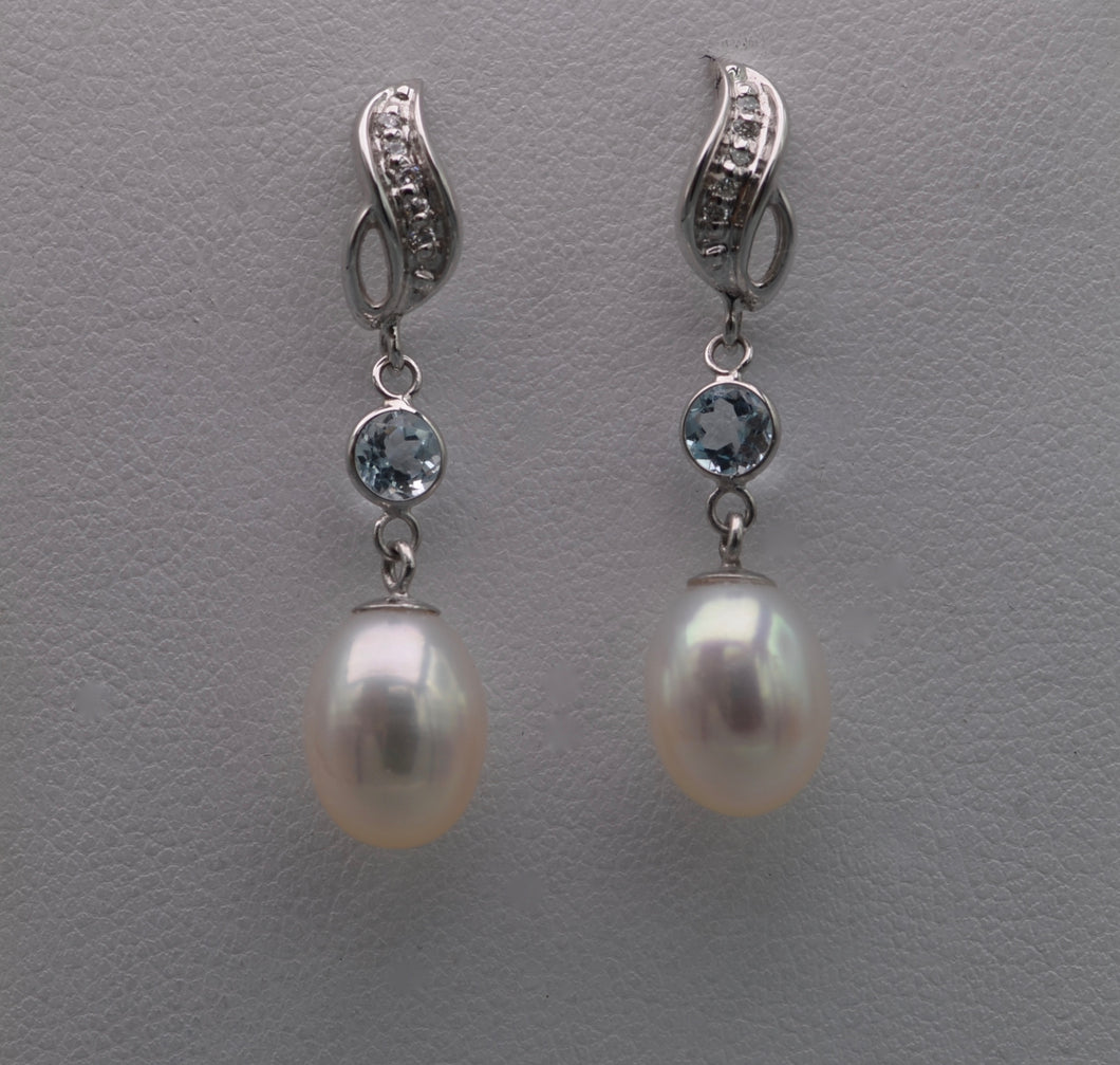 14K white gold pearl drop earrings with Diamonds and Blue Topaz