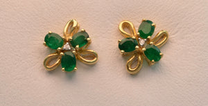 14k yellow gold post earrings with Emeralds and diamonds