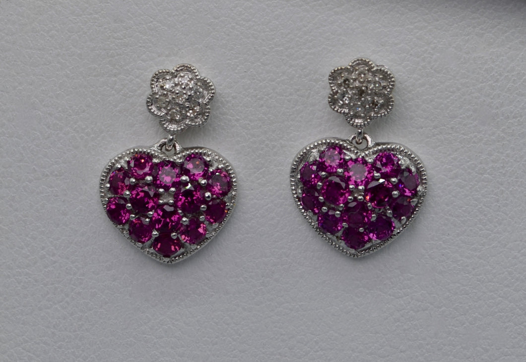 14K white gold heart-shaped dangle earrings with Pink Garnets and Diamonds