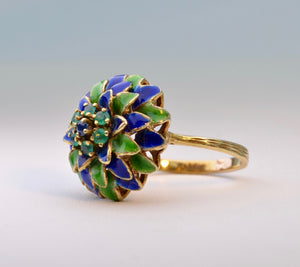 Enamel Flower Ring with Emerald and Sapphire Accents in 14K Yellow Gold