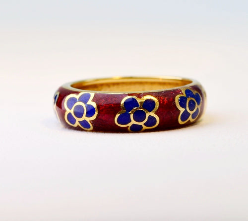 18K Red Enamel band with blue enamel flowers