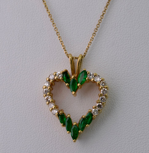 14K yellow gold heart-shaped pendant with Emeralds and Diamonds