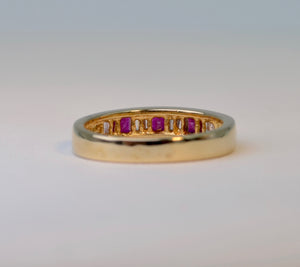14K yellow gold Band ring with 3 square Rubies and 8 Baguette Diamonds