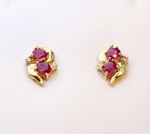 14K yellow gold post earrings with Rubies and Diamonds