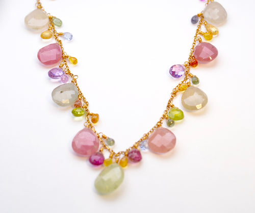 14K Yellow Gold Chain Necklace with Assorted Tear-Drop Shaped Gems