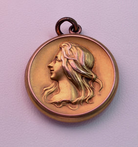 14K Art Nouveau locket with Sarah Bernhardt on front and monogram on back