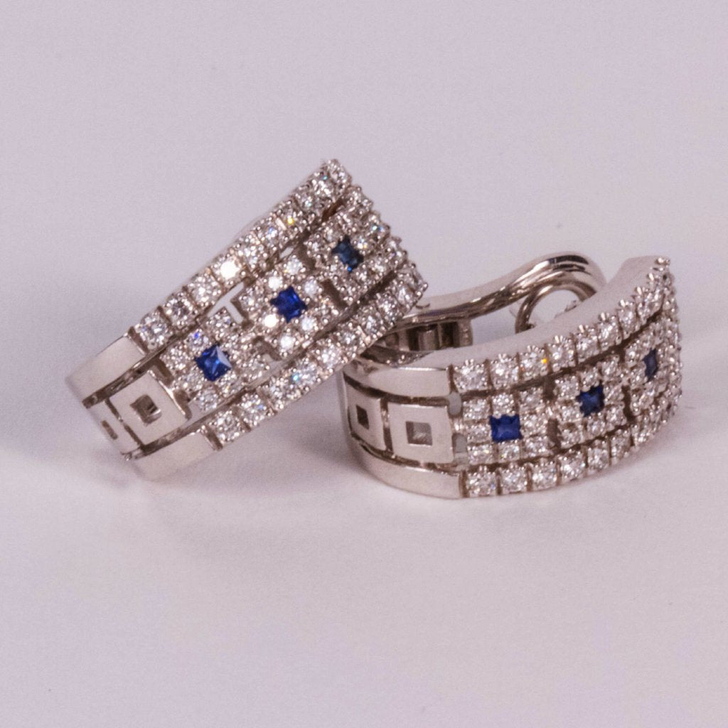 18K White Gold Diamond Hoop Earrings with Sapphires